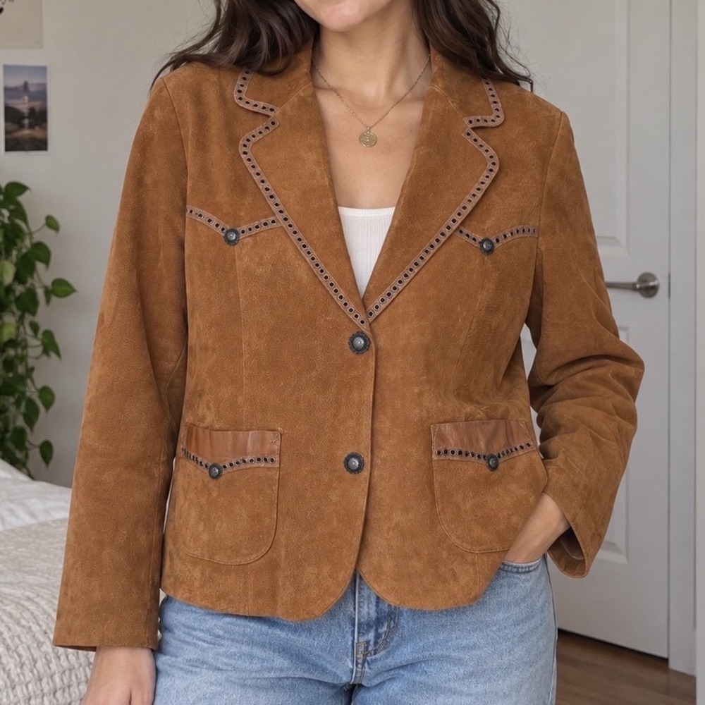 Cripple Creek Western Suede Leather Blazer Jacket Brown Eyelet Studded L Boho